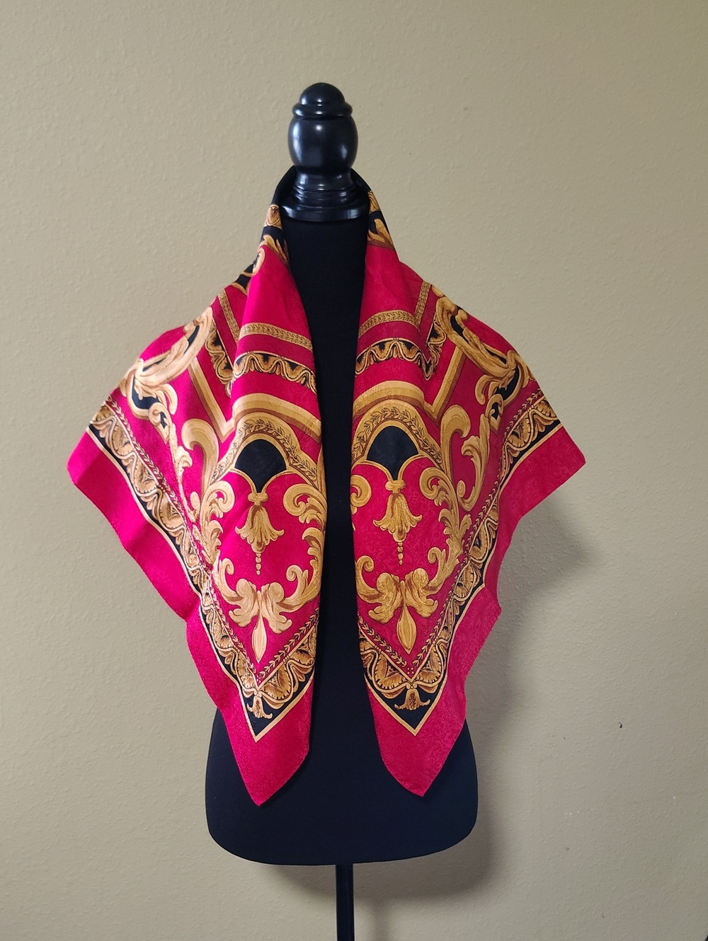 Vintage 100% Sill Red Gold Baroque Print Square Large Scarf "Davidson College